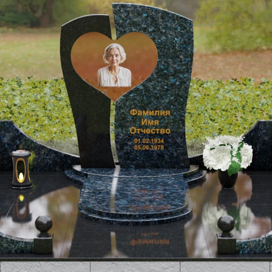 Вертикальный комбинированный памятник на одного в Саратове, гранит Блю Перл, вид 2