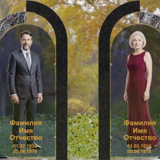 Вертикальный памятник из гранита и стекла для двоих в Томске, гранит амфиболит