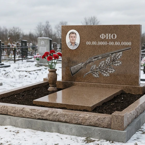 Гранитный памятник охотнику в виде глыбы с уткой в полёте