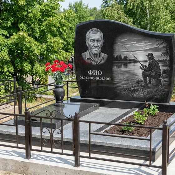 Гранитный памятник рыбаку арочной формы с рыбацкой лодкой