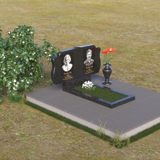 Горизонтальный памятник с резными волнами и розой, гранит Габбро-диабаз, вид 2