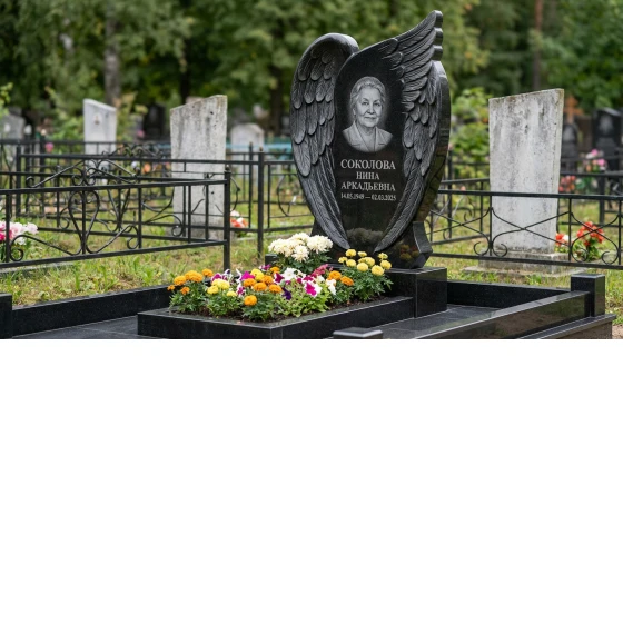 Мемориал с крылом ангела из черного габбро-диабаза