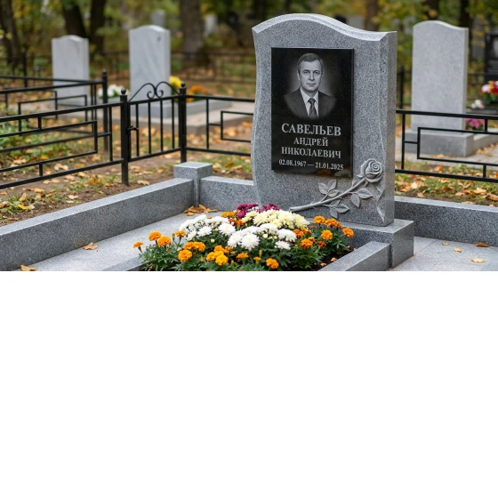 Мемориал с розой на стеле из мансуровского гранита