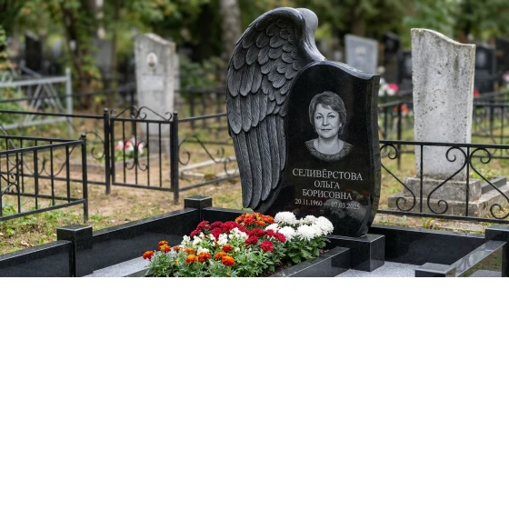 Памятник с обнимающим крылом из черного габбро-диабаза
