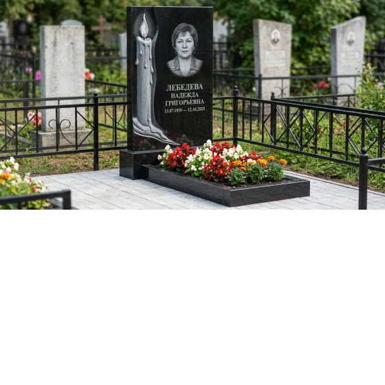 Памятник с горящей свечой из черного габбро-диабаза с восковыми подтеками