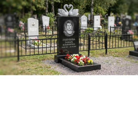 Памятник с парой лебедей из черного габбро-диабаза с портретом