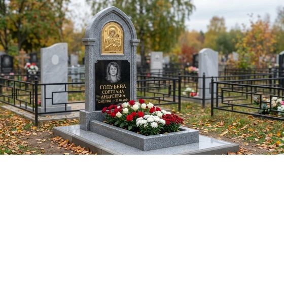 Памятник с иконой Богородицы из мансуровского гранита с портретом