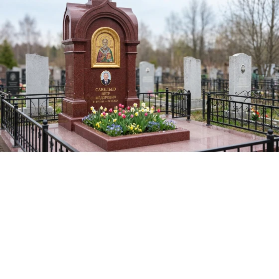 Памятник с мозаичной иконой из лезниковского гранита с портретом