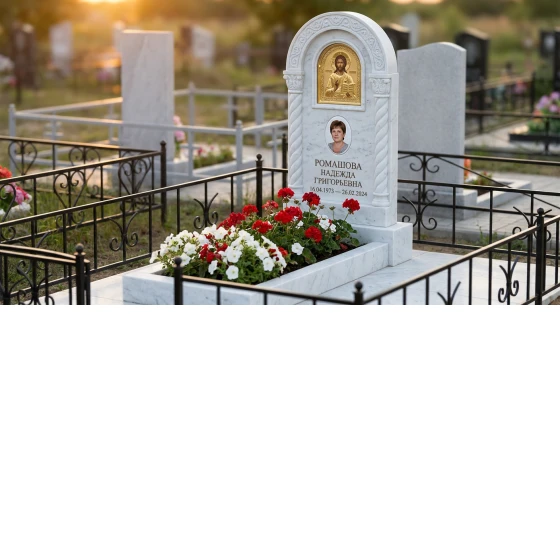 Памятник с иконой спасителя из белого мрамора с портретом