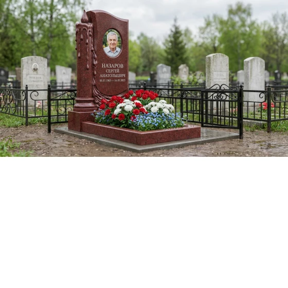 памятник с свечой из красного лезниковского гранита с портретом