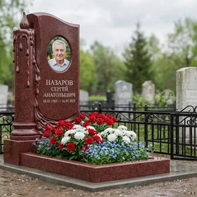 памятник с свечой из красного лезниковского гранита с портретом