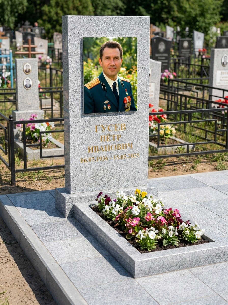Портрет на памятнике в Саратове — Прямоугольник на гранитной стеле, ФИО и даты на портрете